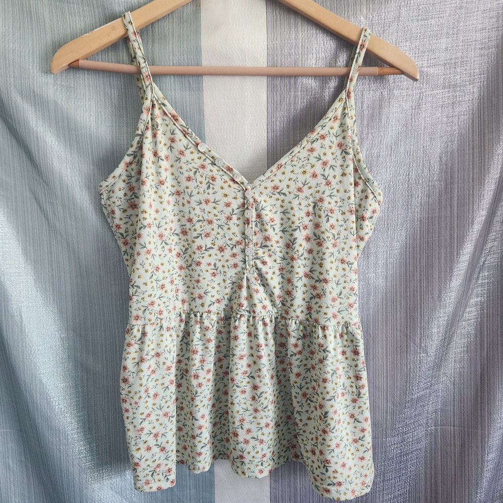 Floral Peplum Cami Top Cream Pink V-Neck L Babydoll Prairie Cottagecore Garden